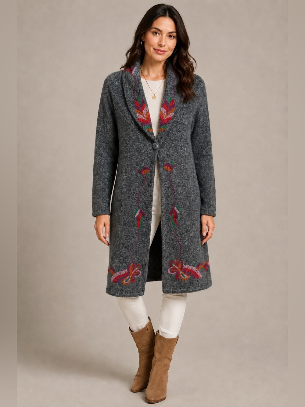 Nellik Gray Alpaca Llama Wool Embroidered Long Cardigan Sweater Coat size M